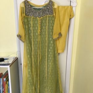 Pakistani/ Indian chiffon yellow and green gown